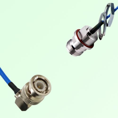 Semi-Flexible N Front Mount Bulkhead Female with O-Ring to BNC Male Right Angle Semi-Flexible N Front Mount Bulkhead Female with O-Ring to BNC Male Right Angle
