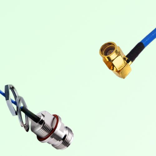 Semi-Flexible SSMA Male Right Angle to N Front Mount Bulkhead Female with O-Ring Semi-Flexible SSMA Male Right Angle to N Front Mount Bulkhead Female with O-Ring