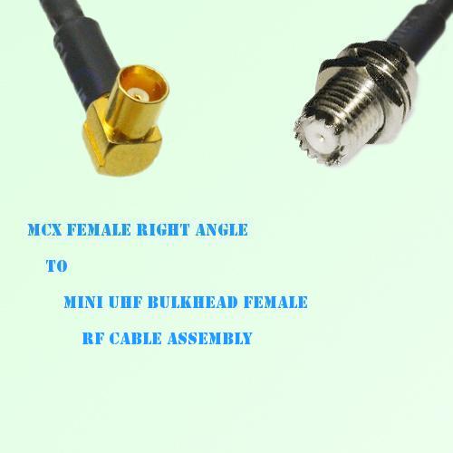 MCX Female Right Angle to Mini UHF Bulkhead Female RF Cable Assembly MCX Female Right Angle to Mini UHF Bulkhead Female RF Cable Assembly