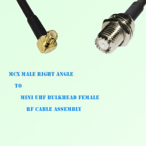 MCX Male Right Angle to Mini UHF Bulkhead Female RF Cable Assembly MCX Male Right Angle to Mini UHF Bulkhead Female RF Cable Assembly